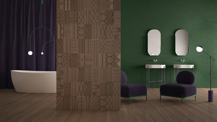 Modern green and purple minimalist abstract bathroom with decorated wooden partition wall, parquet floor, plaster wall, velvet armchair, bathtub with lamp, double washbasin, mirror