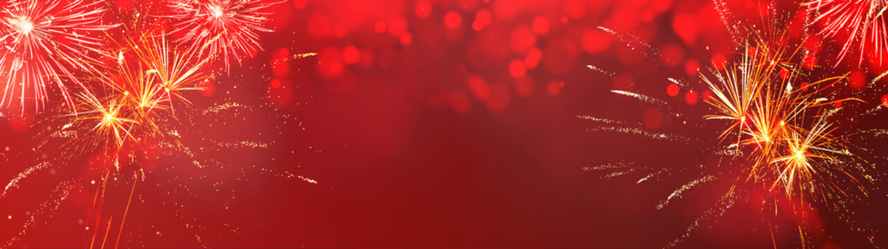 Silvester new year 2024  background panorama banner long - Firework fireworks on red texture with bokeh lights and space for text