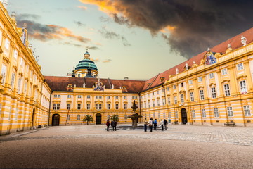 View of the main courtyard of the Melk abbey in Austria.