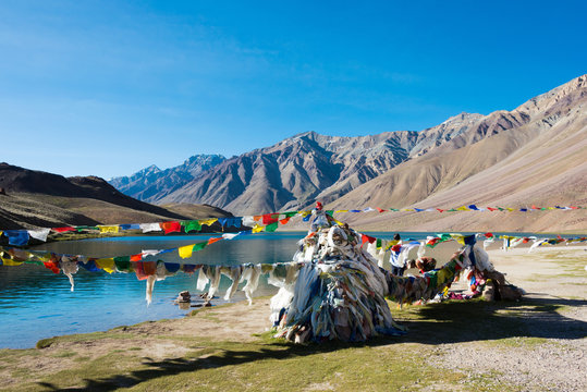 Himachal Pradesh, India - Sep 03 2019 - Chandra Taal (Moon Lake) in Lahaul and Spiti, Himachal Pradesh, India. It is part of Ramsar Convention - Chandertal Wetland.