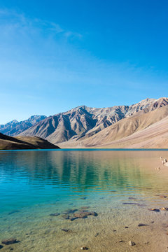 Himachal Pradesh, India - Sep 03 2019 - Chandra Taal (Moon Lake) in Lahaul and Spiti, Himachal Pradesh, India. It is part of Ramsar Convention - Chandertal Wetland.