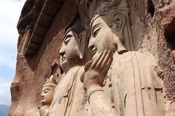 Fototapeta premium Maijishan Cave-Temple Complex in Tianshui , Gansu Province , China. Artistic treasures of Maiji Mountain caves. UNESCO World Heritage Site.