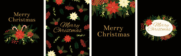 Collection of Christmas cards with floral arrangements of poinsettia, holly, mistletoe, fir, text, on dark background. Vector illustration. Flat style design. Concept holiday print, invite, gift tag.