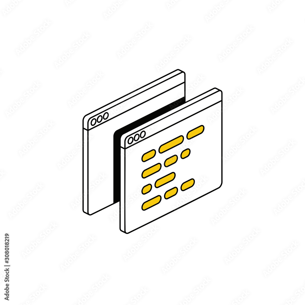 Poster windows code text development. vector line, 3d stroke isometric, color web icon, new flat style. cre