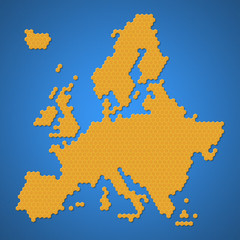 Map of Europe region continent with honey bee or honeycomb or honey hive shape style With vignette dark border shadow. With yellow or orange color on the blue sea water color style.