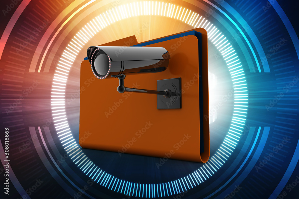 Poster 3d rendering surveillance cctv security camera with folder