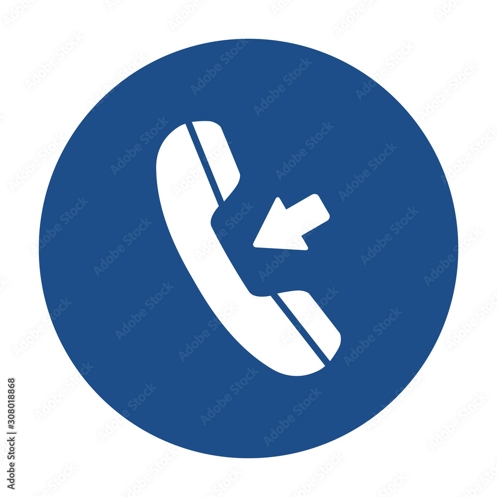Poster blue round incoming call icon, button on a white background
