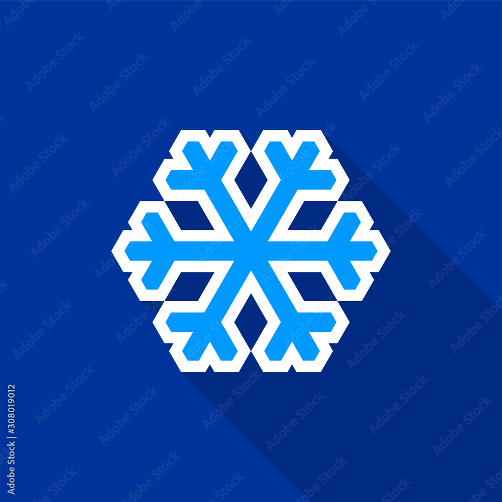 Poster flat blue snowflake with a white stroke icon with a long shadow on a blue background.