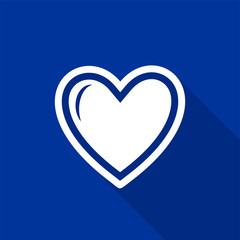 Flat white heart icon with a long shadow on a blue background.