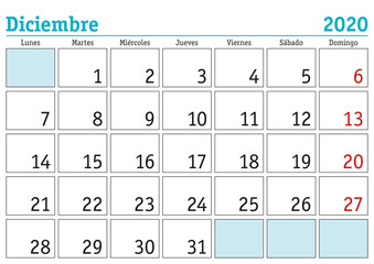 Diciembre 2020 wall calendar spanish