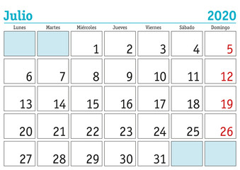 Julio 2020 wall calendar spanish
