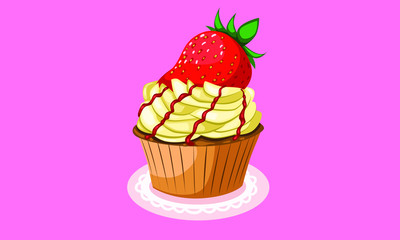 cupcake with strawberry on pink background