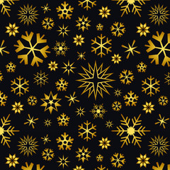 Motif pour Noël de flocons de neige or de différentes formes et tailles sur fond noir.