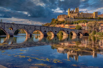 The Old Bridge (Pont vieux) at Beziers and the St. Nazaire Cathedral, France