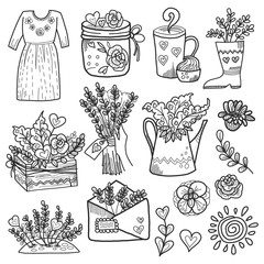 Set of vector hand drawn spring flowers and elements.