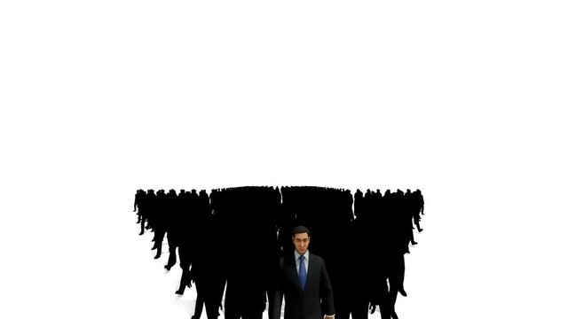 Businessmen crowd forming arrow shape pointing up, 4K, against white