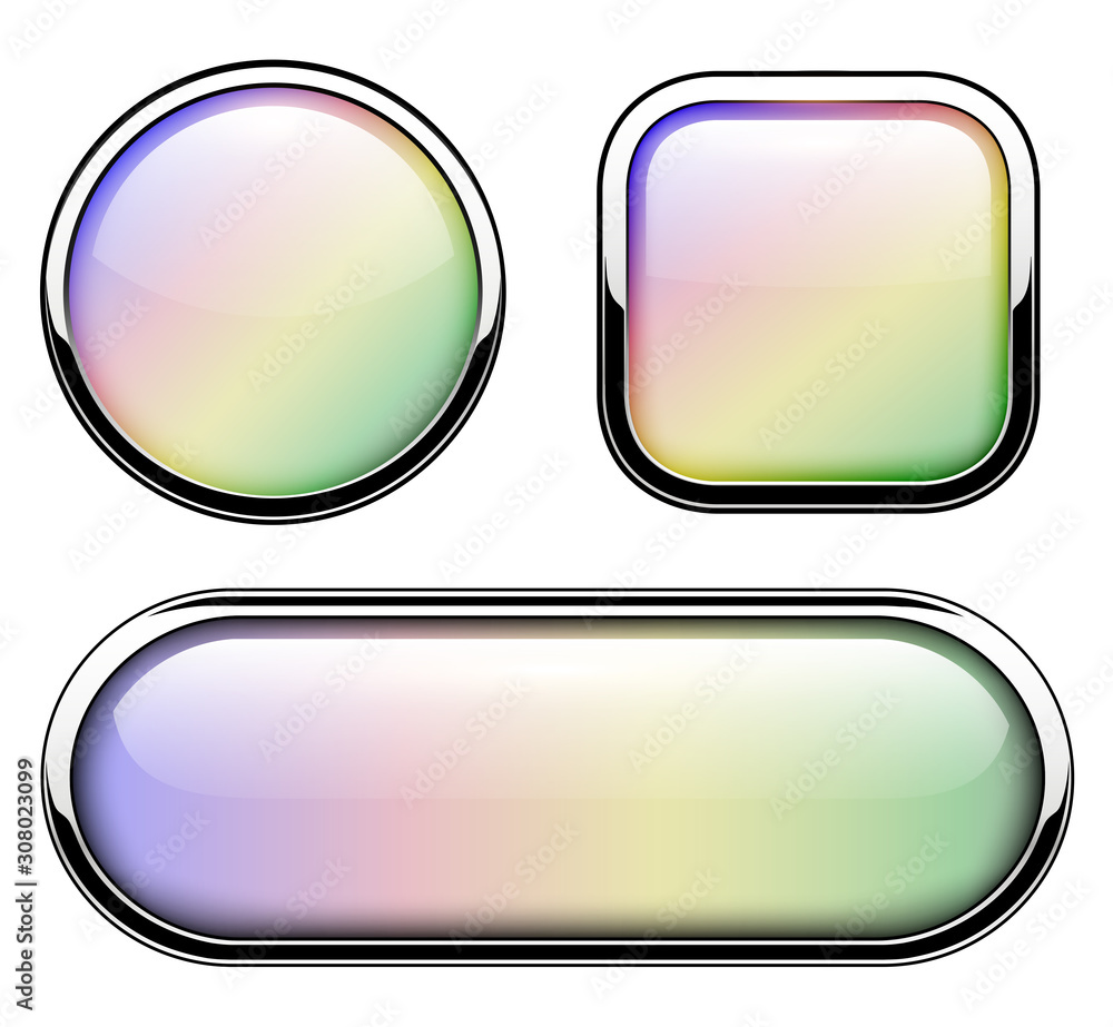 Poster glossy buttons with metallic chrome elements isolated, opalescent pearl like modern design