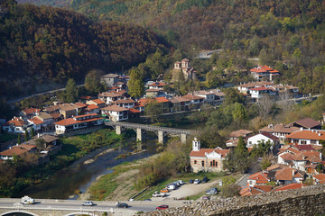 Fototapeta na wymiar Panoramic view of the Craftsmen quarter and the Jantra river from the Veliko Tarnovo fortress