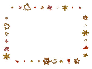 Xmas Balls. Gold Christmas decoration isolated on white. New Years Party background. Flat lay design. Copy Space