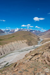 Fototapeta premium Himachal Pradesh, India - Sep 04 2019 - Beautiful scenic view from Chandra Taal (Moon Lake) in Lahaul and Spiti, Himachal Pradesh, India.