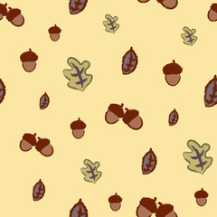 Leaves and acorns autumn pattern.