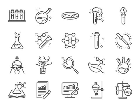 Chemistry lab icon set. Included icons as Chemical, formula, Medical analysis, Laboratory test flask, experiment and more.