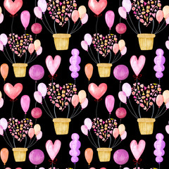 Seamless pattern of watercolor balloons on black background. For creating patterns, backgrounds, cards, covers, packaging, prints for clothes. Holidays, Valentine's Day, birthday, party, wedding