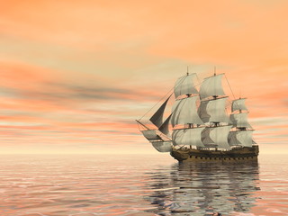 Old merchant ship on the ocean - 3D render © Elenarts