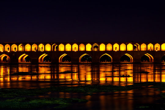 The Allahverdi Khan Bridge, popularly known as Si-o-se-pol, bridge of thirty three arches, on the Zayanderud river. Night, Long Exposure.