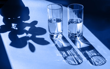 Two glasses of water. Bright light and contrasting shadows.