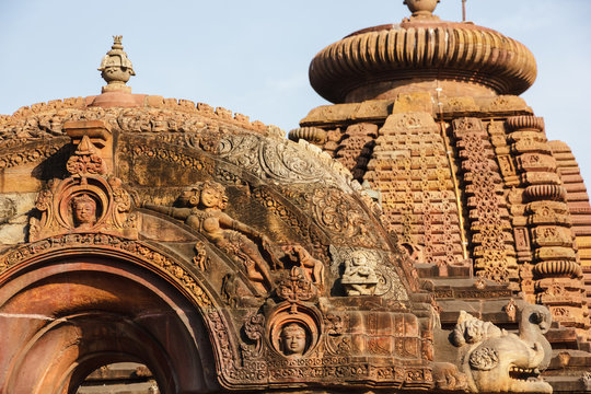 The beautifully ornate carvings on the entrance arch of the ancient Mukteshvara temple in Bhubaneshwar in Orissa, India.