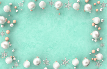 Naklejka na ściany i meble Christmas 3d decoration border frame with Christmas ball, snowflake on green background. Christmas, winter, new year concept. Flat lay, top view, copy space.