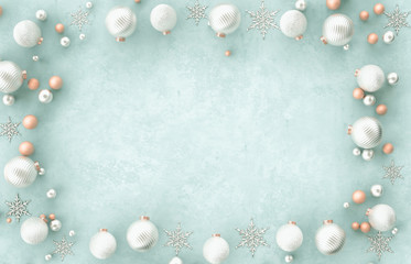 Christmas 3d decoration border frame Christmas ball, snowflake on light blue background. Christmas, winter, new year concept. Flat lay, top view, copy space.