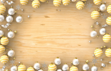 Christmas 3d decoration border frame  with Christmas ball, snowflake on wood background. Christmas, winter, new year concept. Flat lay, top view, copy space.