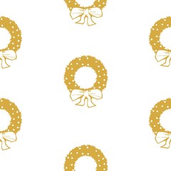 White seamless pattern with golden  Christmas wreaths.  Vector graphic illustration for Merry Christmas and Happy New Year.