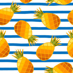 Seamless pattern with pineapple fruits on white background with uneven sailor blue markers stripes. Print for fabric, wrapping papers, wallpapers, covers, summer clothes. Creative vector illustration.