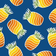 Fototapeta na wymiar Seamless pattern with bright colored pineapple fruits with leaf on blue background. Modern design. Print for fabric, wrapping papers, wallpapers, covers, summer clothes. Creative vector illustration