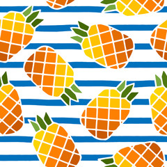 Seamless pattern with pineapple fruits on white background with uneven sailor blue markers stripes. Print for fabric, wrapping papers, wallpapers, covers, summer clothes. Creative vector illustration.