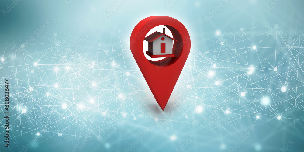 Poster 3d illustration search for property.a map with large red gps pointer containing