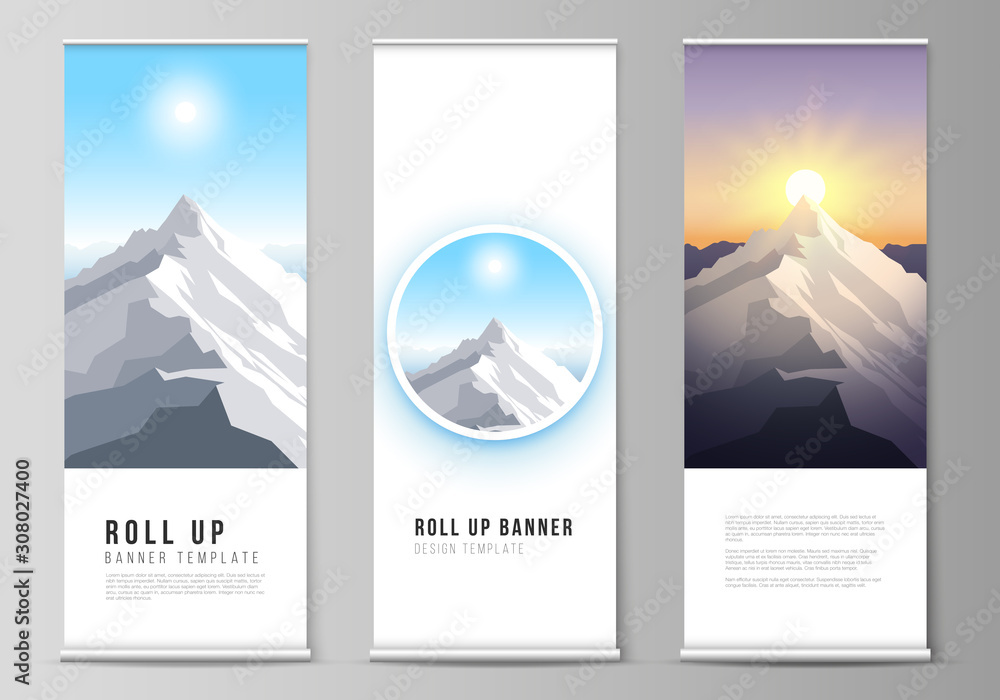 Wall mural The vector illustration layout of roll up banner stands, vertical flyers, flags design business templates. Mountain illustration, outdoor adventure. Travel concept background. Flat design vector.