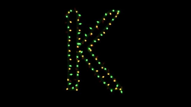 Blinking Christmas lights typeface with separate alpha channel, the character  K