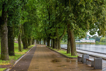 Pskov, oak alley on the Embankment of the Great river
