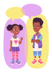 Vector illustration. Black African American children, boy and girl, arguing, discussing or disputing. Two sad and angry cartoon school kids characters with speech bubbles and empty space for text.  