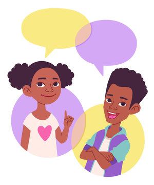 Two cartoon style school kids vector illustration, comics speak bubbles  with empty space for text. Black African American children talking, asking  and answering questions, advising, helping. Stock Vector | Adobe Stock