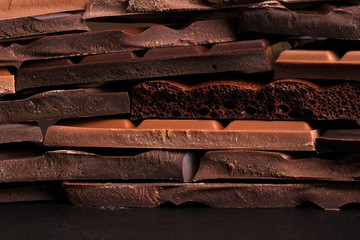 stack broken chocolate, sweet food background. delicious dessert
