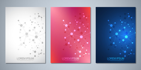 Fototapeta na wymiar Vector template brochures or cover design, book, flyer, with molecules background and neural network. Abstract geometric background of connected lines and dots. Science and technology concept.