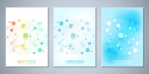 Vector template brochures or cover design, book, flyer, with molecules background and neural network. Abstract geometric background of connected lines and dots. Science and technology concept.
