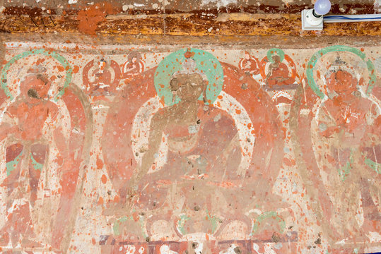 Ladakh, India - Jun 28 2019 - Ancient Mural at Alchi Monastery (Alchi Gompa) in Ladakh, Jammu and Kashmir, India. The Monastery was originally built in 10-11th century.