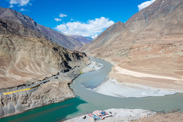 Ladakh, India - Jun 28 2019 -Confluence of Zanskar and Indus rivers in Ladakh, Jammu and Kashmir,...