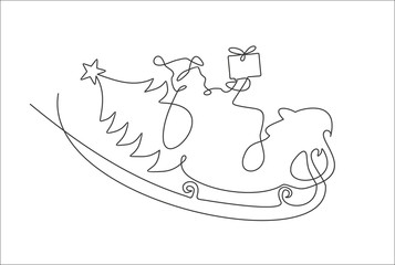 Santa claus on sleigh full of gifts and his reindeers one line art. Line illustration. Minimalist print. Black and white.. Happy new year decoration. Merry christmas holiday. New year and xmas.